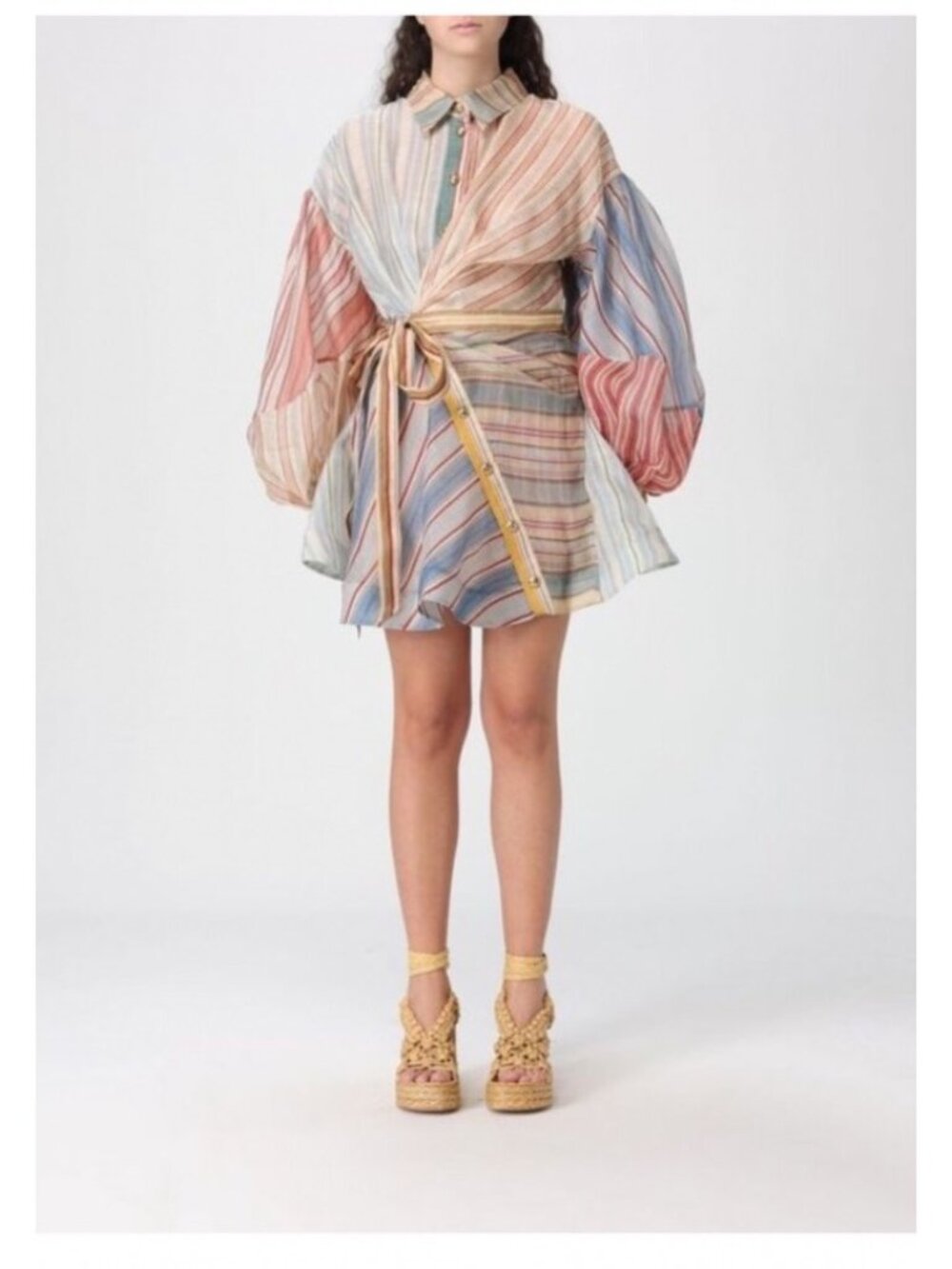 Zimmerman Spliced  Midi&Silk and Linen Wrap Dress Sheer Fabric Tie Waist Small